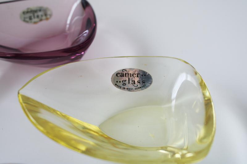 photo of mid-century modern Camer label art glass ashtrays or sauce dishes set, colored glass #4