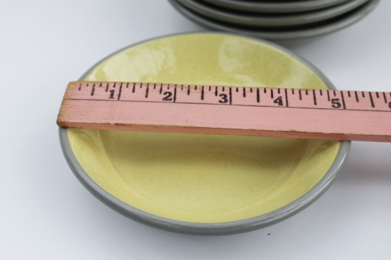 photo of mid-century modern ceramic bowls, cement gray w/ pale yellow 50s vintage Harkerware set #4