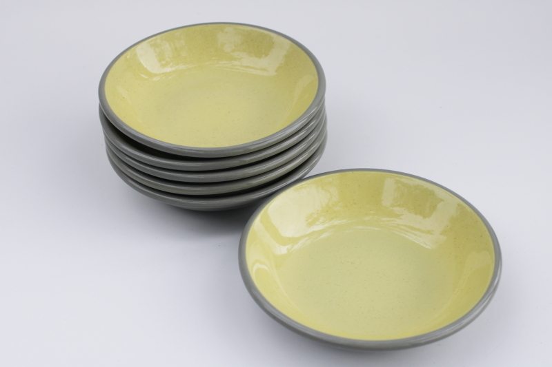 photo of mid-century modern ceramic bowls, cement gray w/ pale yellow 50s vintage Harkerware set #5