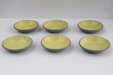 mid-century modern ceramic bowls, cement gray w/ pale yellow 50s vintage Harkerware set