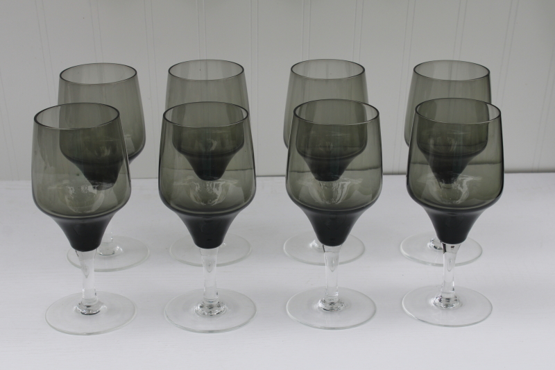 photo of mid century modern clear stem smoke glass water glasses set of 8, vintage Sasaki crystal stemware #1