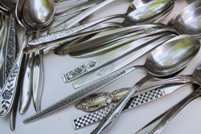 photo of mid century modern stainless flatware, mismatched silverware huge lot of 200 spoons, tons of retro patterns  #12