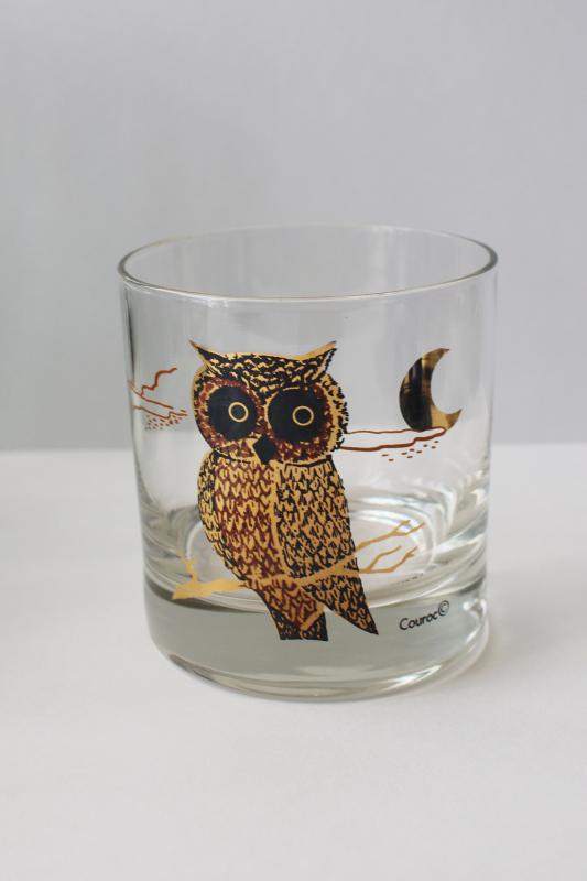 photo of mid century modern vintage Coroc owl print drinking glass, double old fashioned #1