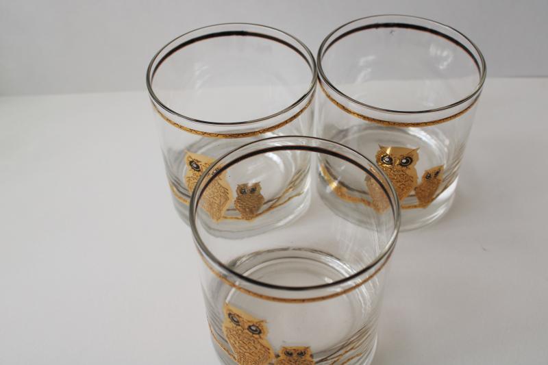 photo of mid-century modern vintage Culver glass owl print double old fashioned bar glasses #3