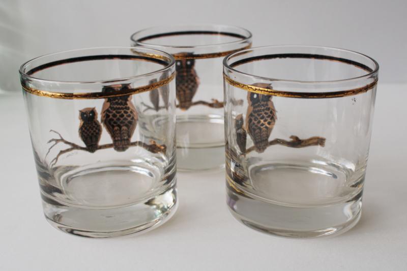 photo of mid-century modern vintage Culver glass owl print double old fashioned bar glasses #4