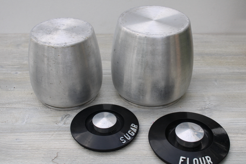 photo of mid-century modern vintage Kromex metal canisters, spun aluminum canister set #4