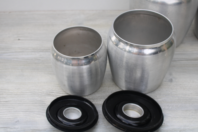 photo of mid-century modern vintage Kromex metal canisters, spun aluminum canister set #9