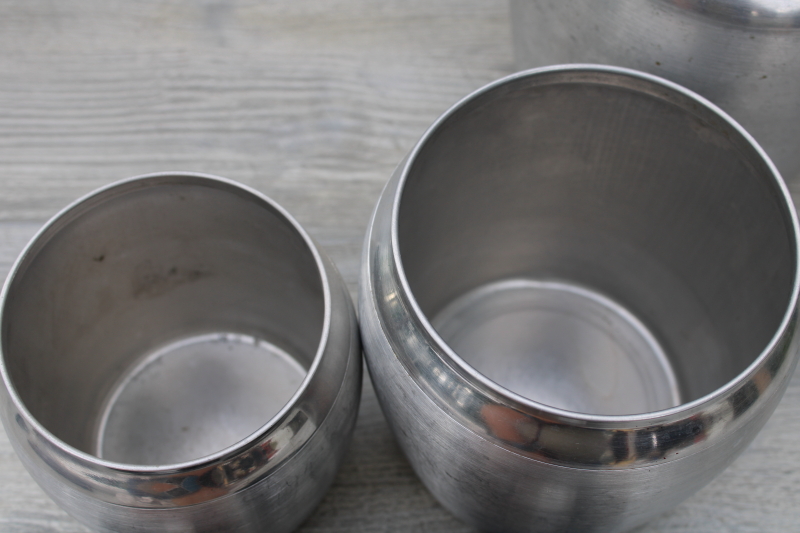 photo of mid-century modern vintage Kromex metal canisters, spun aluminum canister set #10