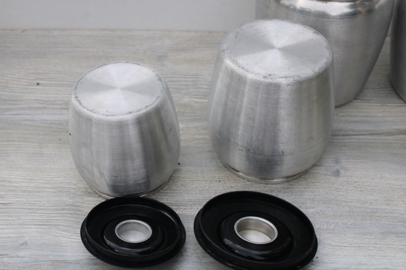 photo of mid-century modern vintage Kromex metal canisters, spun aluminum canister set #11