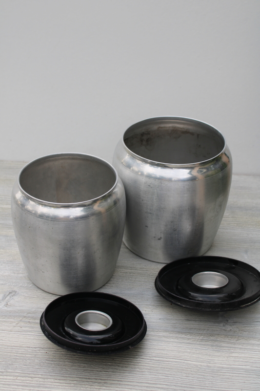 photo of mid-century modern vintage Kromex metal canisters, spun aluminum canister set #12