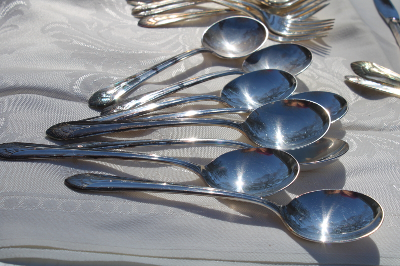 photo of mid century modern vintage Manhattan pattern Rogers silver plate flatware, 1950s art deco luncheon set for 8 #8