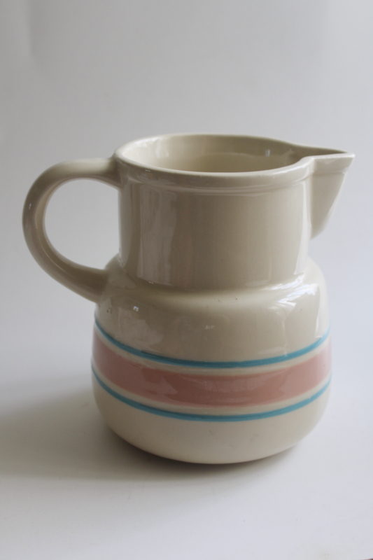 photo of mid century modern vintage McCoy pottery pitcher, pink & blue band  #1