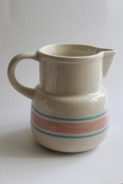 mid century modern vintage McCoy pottery pitcher, pink & blue band 