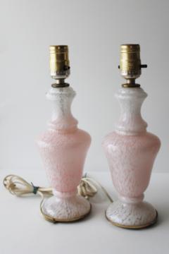 catalog photo of mid-century modern vintage Murano glass lamps blush pink white, pair of boudoir lamps