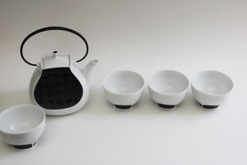 photo of mid century modern vintage Noritake china tea pot and handleless cups mod dots black & white #1