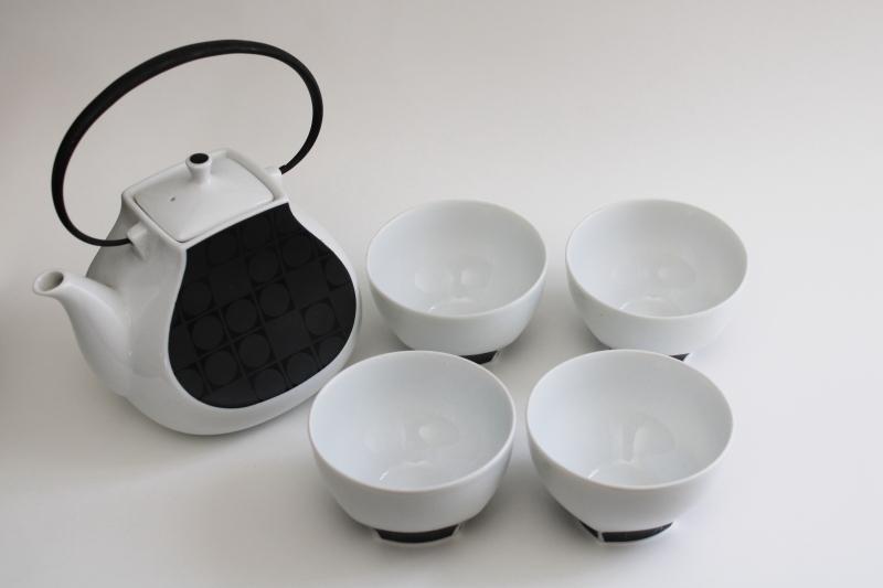 photo of mid century modern vintage Noritake china tea pot and handleless cups mod dots black & white #7