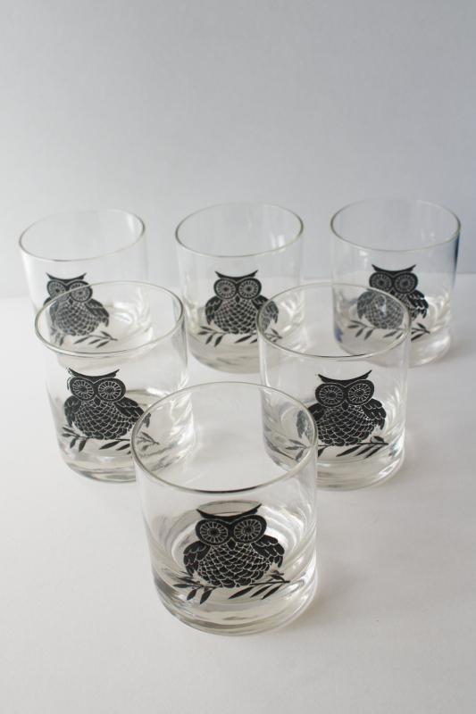 photo of mid-century modern vintage black owl print drinking glasses, West Virginia glass #1