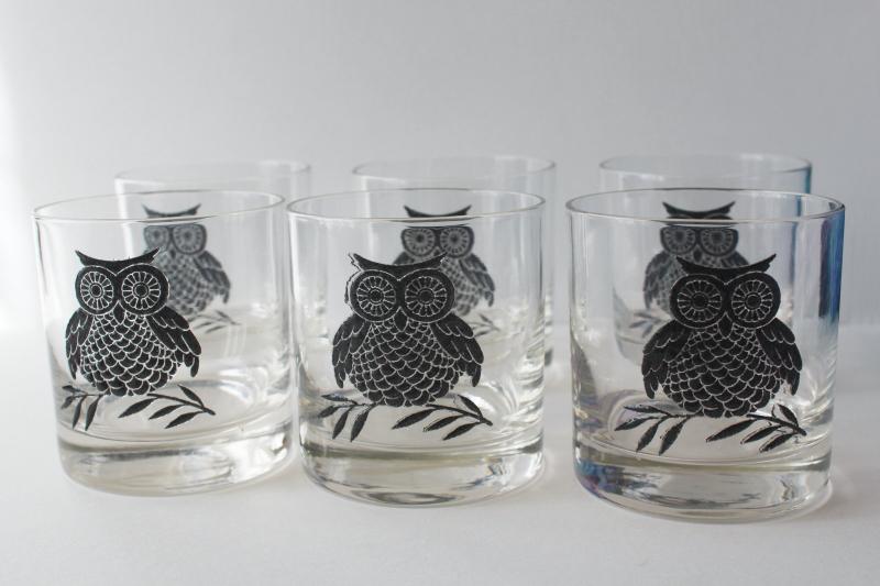 photo of mid-century modern vintage black owl print drinking glasses, West Virginia glass #3