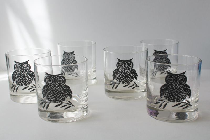 photo of mid-century modern vintage black owl print drinking glasses, West Virginia glass #4