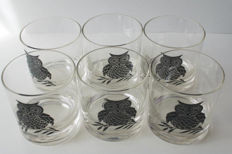 photo of mid-century modern vintage black owl print drinking glasses, West Virginia glass #5