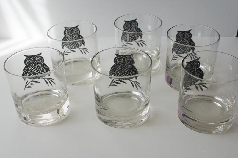 photo of mid-century modern vintage black owl print drinking glasses, West Virginia glass #6