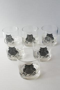 catalog photo of mid-century modern vintage black owl print drinking glasses, West Virginia glass