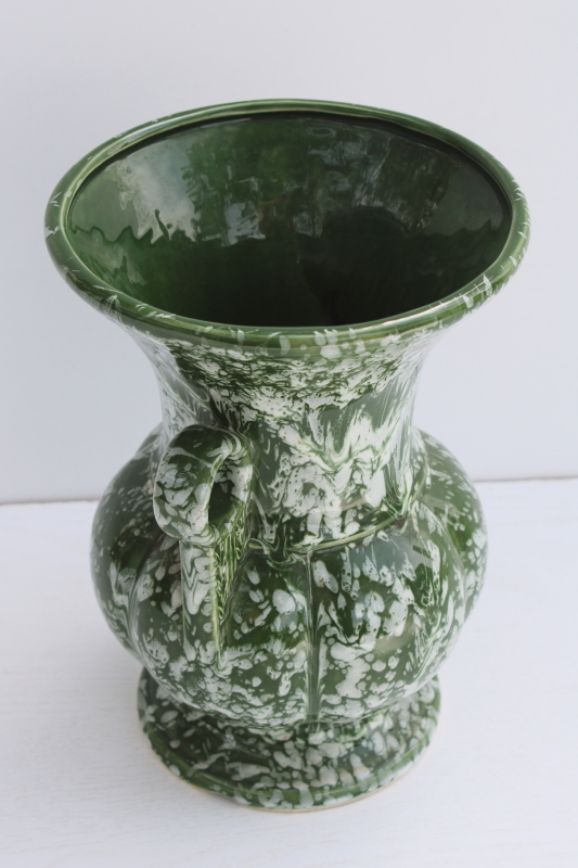 photo of mid century modern vintage ceramic vase, spatter glaze white & deep jade green #4