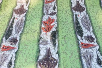 catalog photo of mid-century modern vintage cotton barkcloth fabric, mod stripe leaf print autumn leaves