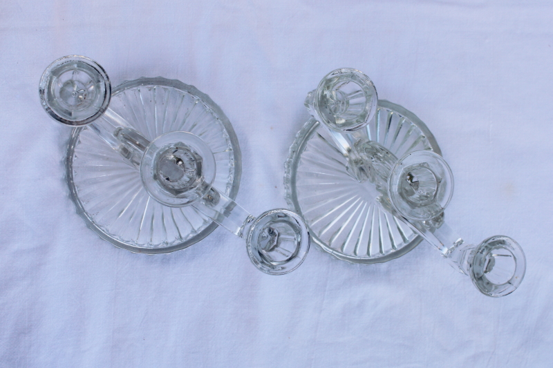 photo of mid-century modern vintage crystal clear glass candelabra, triple candle holders #3