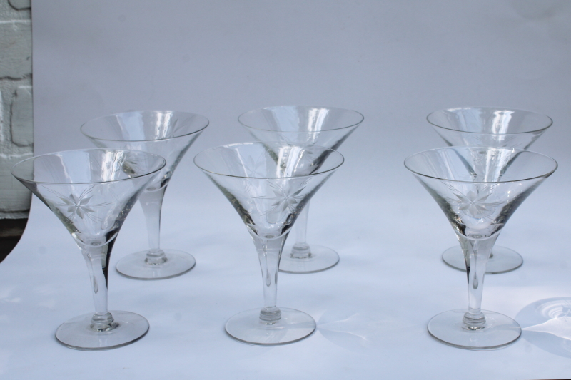 photo of mid century modern vintage crystal cocktail glasses, etched six pointed star on large mod flared goblets  #1