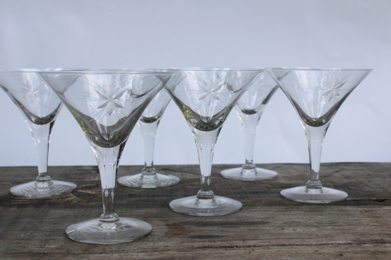 photo of mid century modern vintage crystal cocktail glasses, etched six pointed star on large mod flared goblets  #6