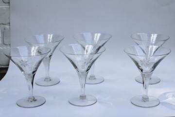 catalog photo of mid century modern vintage crystal cocktail glasses, etched six pointed star on large mod flared goblets 