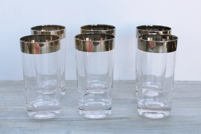photo of mid-century modern vintage drinking glasses, highball tumblers w/ wide platinum band #1