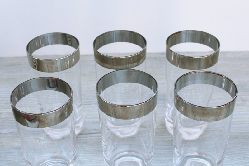 photo of mid-century modern vintage drinking glasses, highball tumblers w/ wide platinum band #3