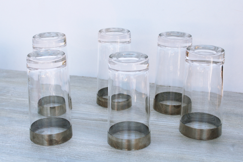 photo of mid-century modern vintage drinking glasses, highball tumblers w/ wide platinum band #4