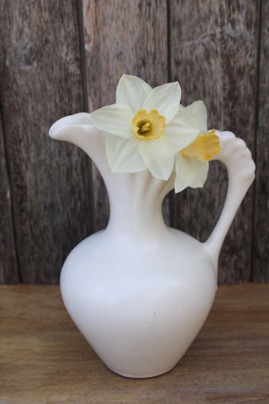 photo of mid-century modern vintage matte white art pottery pitcher vase, unmarked USA  #1