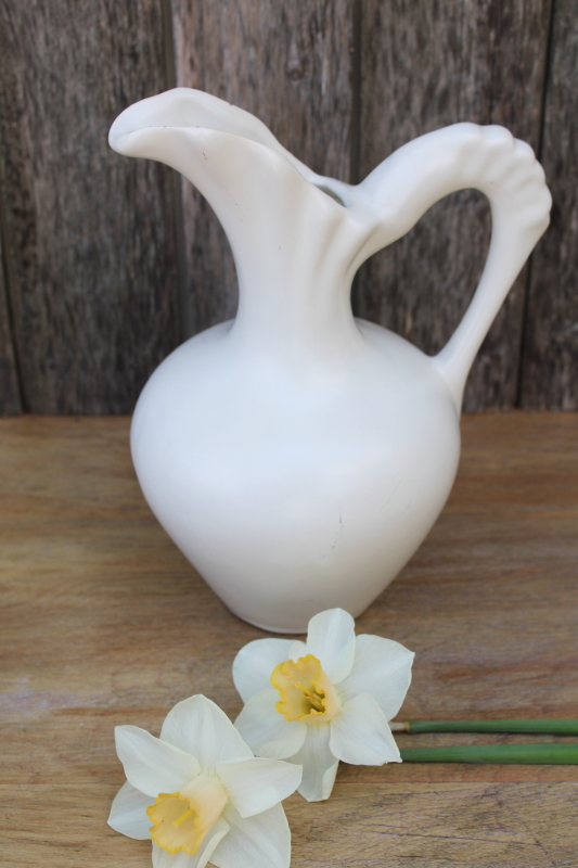 photo of mid-century modern vintage matte white art pottery pitcher vase, unmarked USA  #2