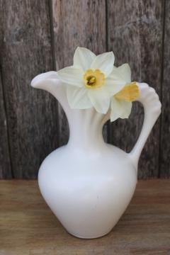 catalog photo of mid-century modern vintage matte white art pottery pitcher vase, unmarked USA 