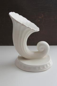 catalog photo of mid century modern vintage matte white pottery vase, horn of plenty cornucopia