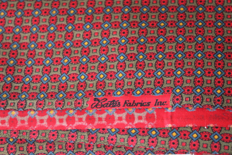 photo of mid century modern vintage menswear fabric, Bates branded cotton w/ foulard print on red #3