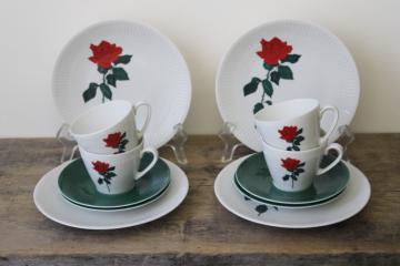 catalog photo of mid century modern vintage plates, cups & saucers w/ long stemmed red rose, dessert or tea set china