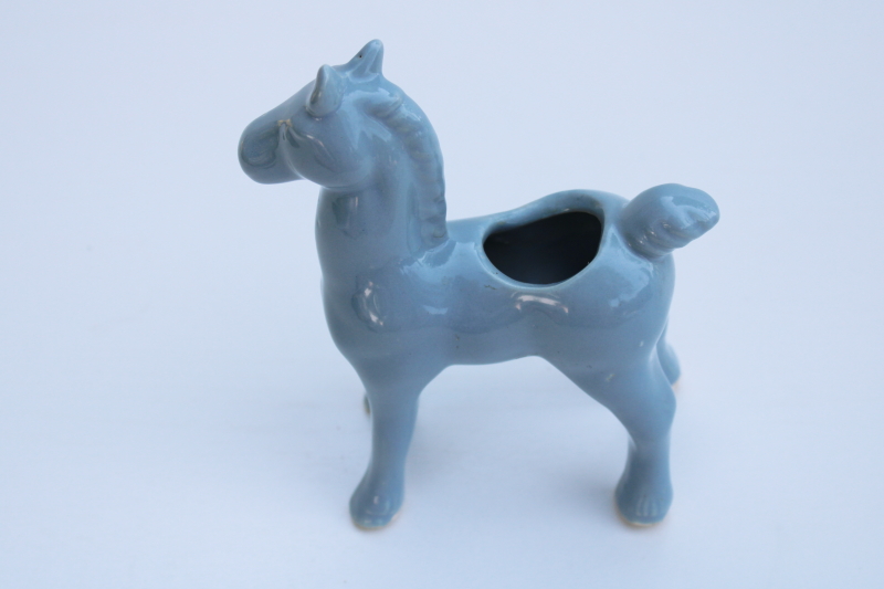 photo of mid century modern vintage pottery planter, deco style all blue glaze horse figurine vase #5