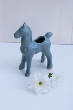 catalog photo of mid century modern vintage pottery planter, deco style all blue glaze horse figurine vase