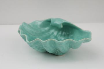 catalog photo of mid-century modern vintage pottery planter pot or vase, aqua glaze seashell shape bowl