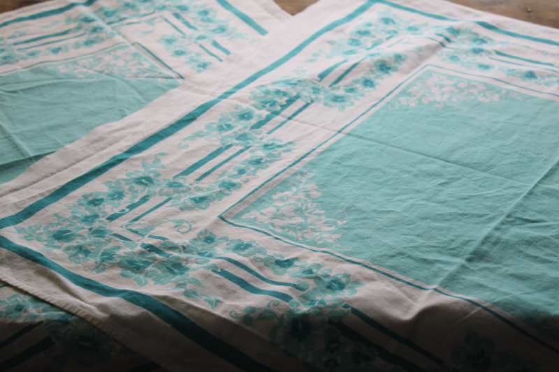 photo of mid century modern vintage print cotton kitchen tablecloths, turquoise print small square cloths #1