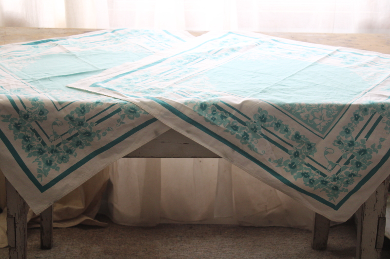 photo of mid century modern vintage print cotton kitchen tablecloths, turquoise print small square cloths #2