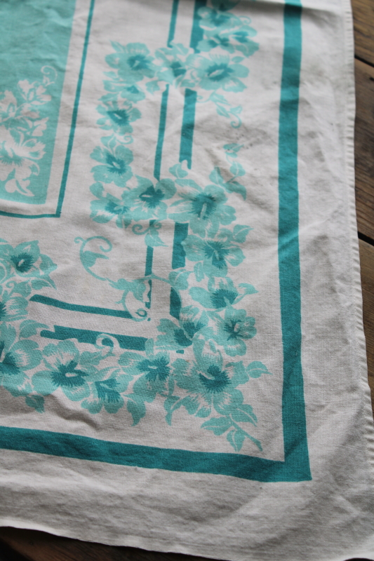 photo of mid century modern vintage print cotton kitchen tablecloths, turquoise print small square cloths #3