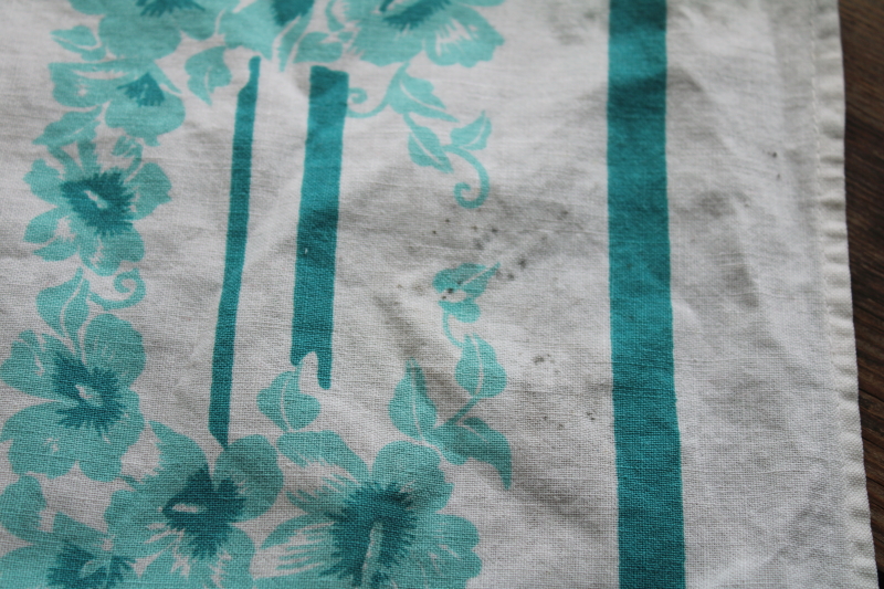 photo of mid century modern vintage print cotton kitchen tablecloths, turquoise print small square cloths #4