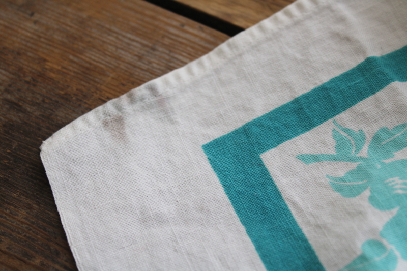 photo of mid century modern vintage print cotton kitchen tablecloths, turquoise print small square cloths #5