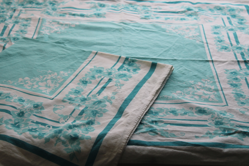 photo of mid century modern vintage print cotton kitchen tablecloths, turquoise print small square cloths #6